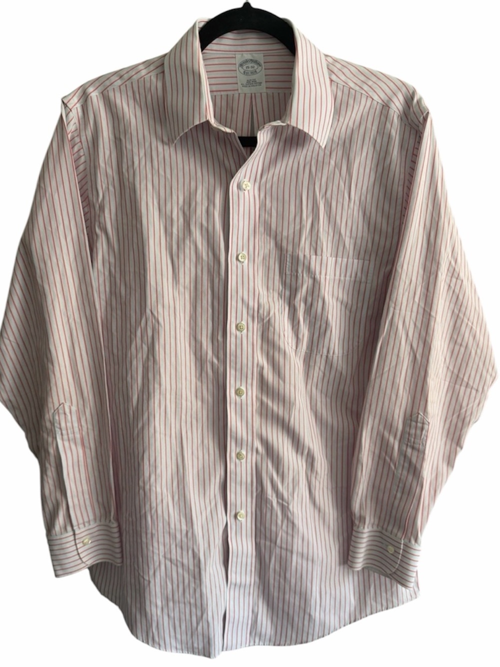 Brooks Brothers Men’s 15-32 Slim Supima Cotton White Dress Shirt Coral Stripes